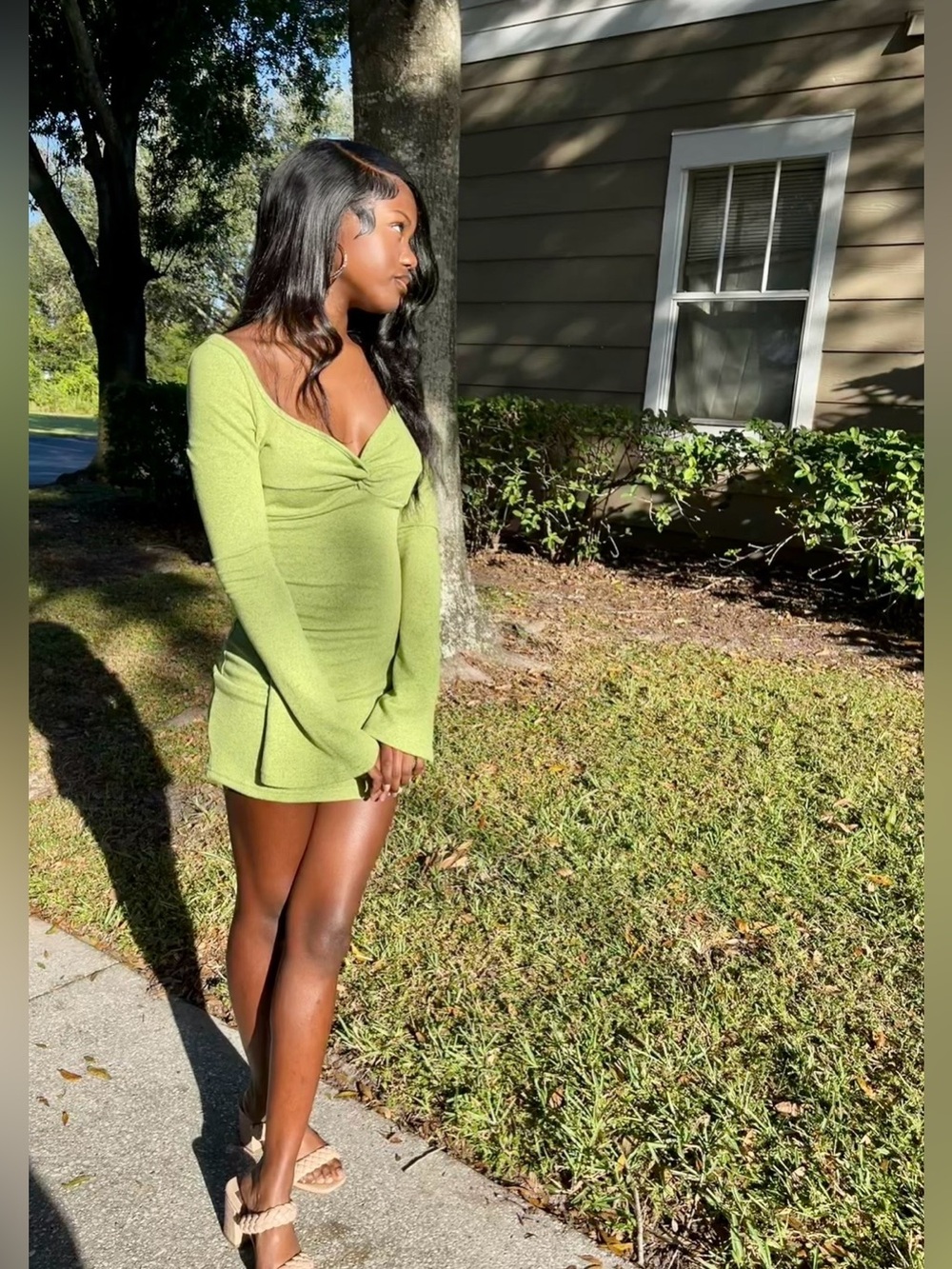 Long Bell Sleeve Twist Front Mini Dress in Olive/Light Green
